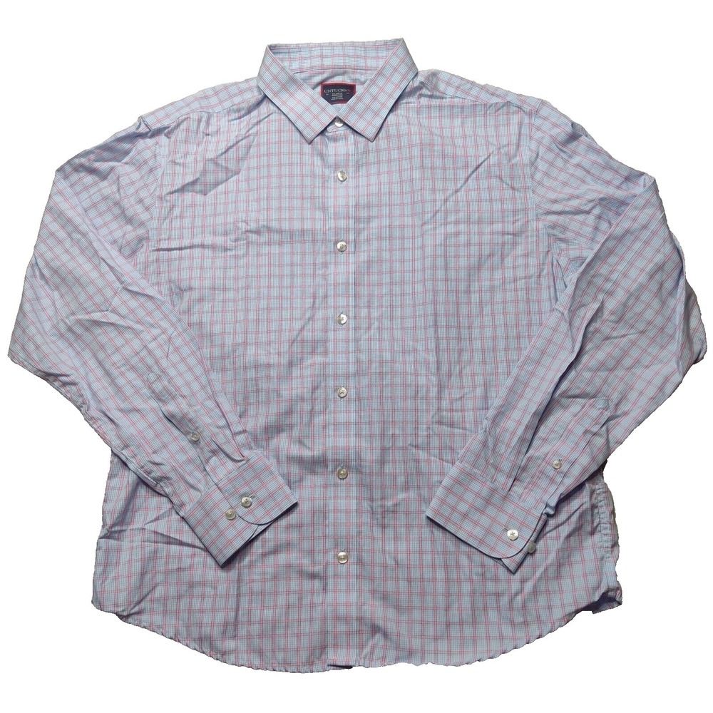 UNTUCKit Men Size XL Blue Pink Windowpane Cotton Wrinkle Free Button‎ Shirt